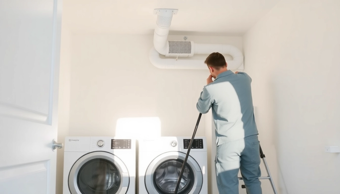 Expert performing dryer vent cleaning salt lake city in a modern laundry room environment.