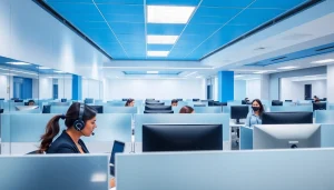 Engaged agents working in a call center in Tijuana, demonstrating teamwork and communication.