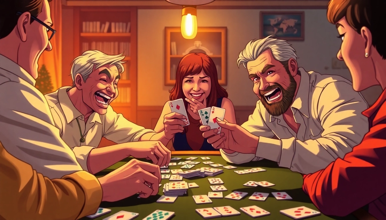 Players enjoying rummy wealth with vibrant cards and lively expressions in a cozy setting.