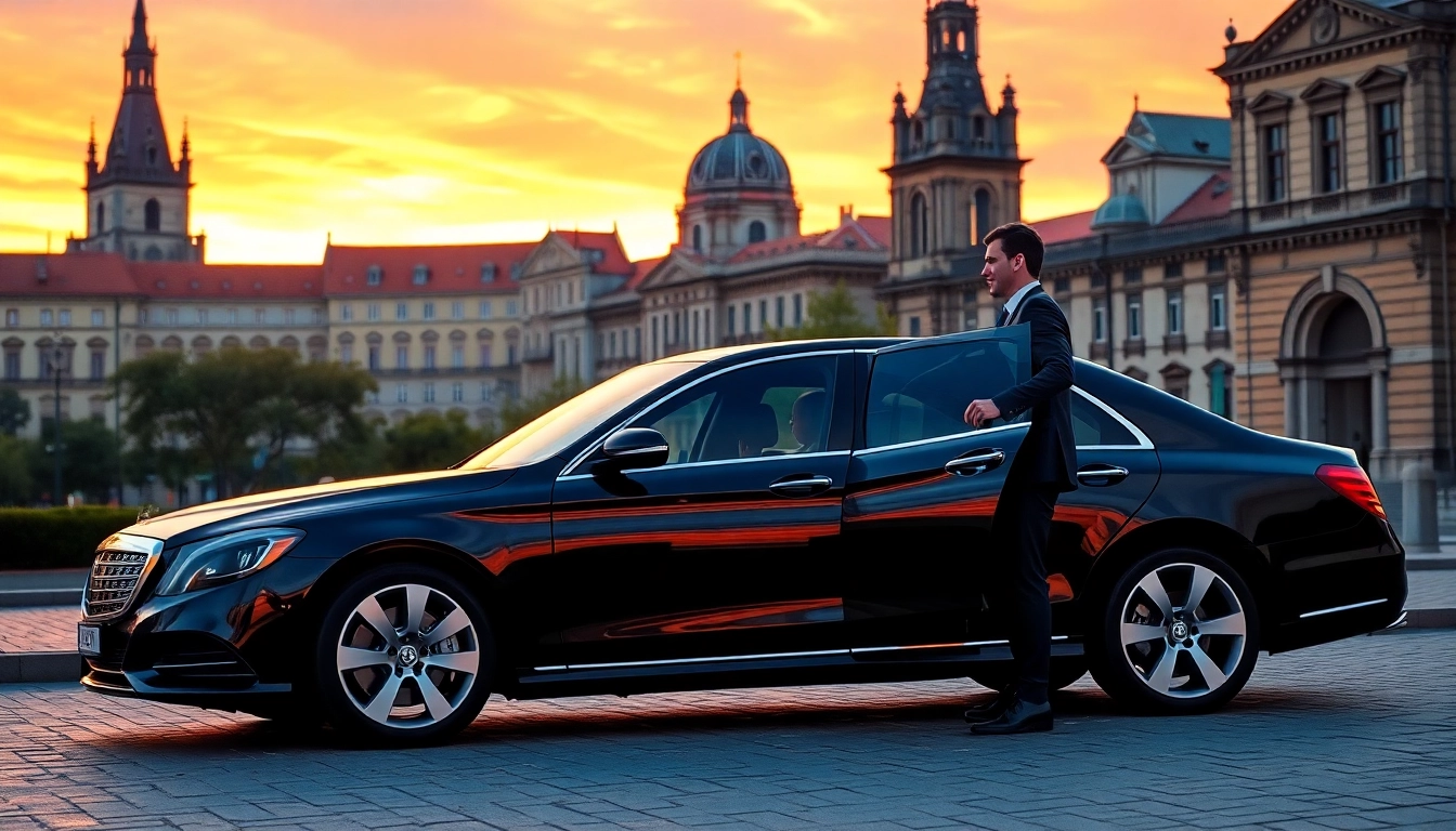 Professional driver hire Prague as a luxury sedan awaits at sunset in the historic Prague backdrop.