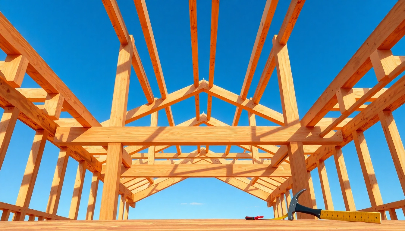 View of a deck construction process featuring wooden beams and tools, emphasizing craftsmanship in building.