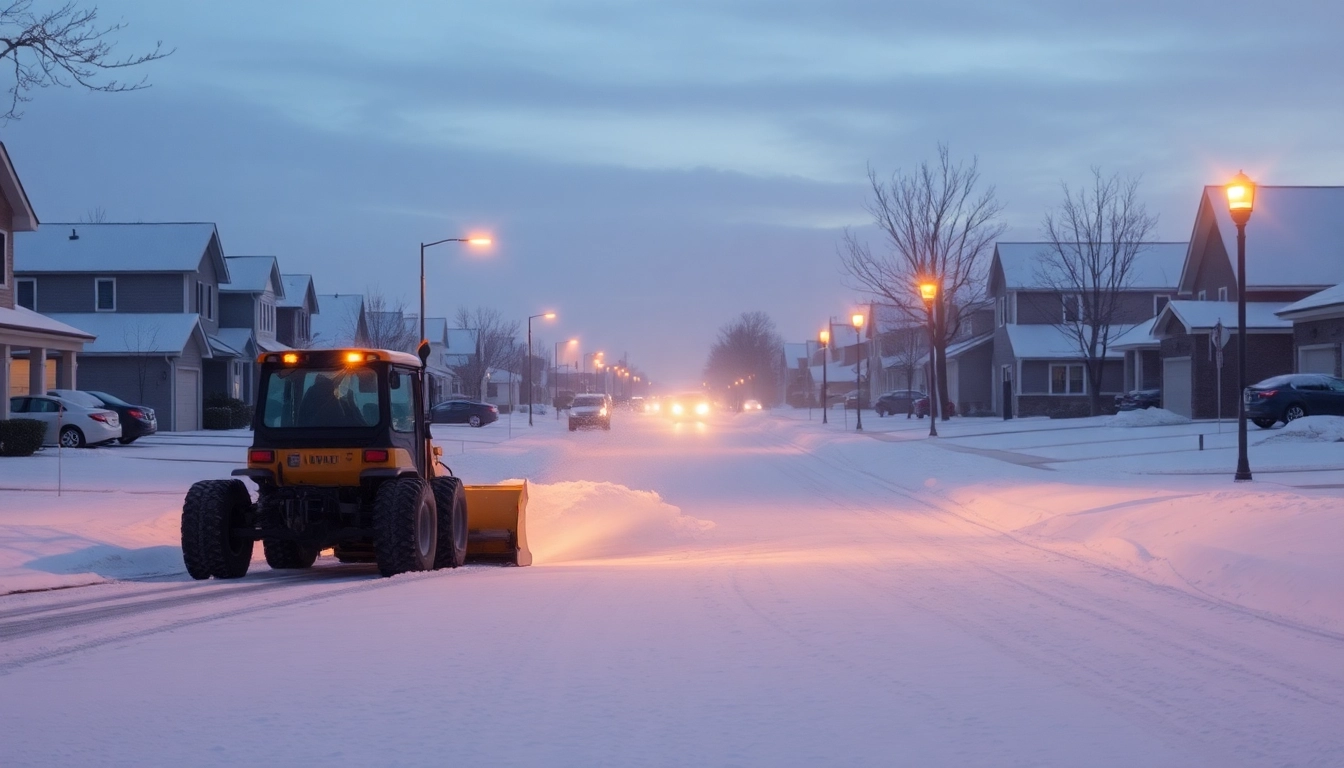 Snow plowing service clearing driveways and streets efficiently in a suburban area during winter.