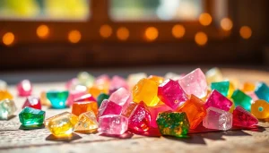 Indulge in colorful crystal candy pieces arranged beautifully to showcase their vibrant textures.