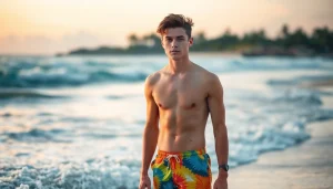 Shop stylish swim trunks with more info about designs and colors for summer outfits.