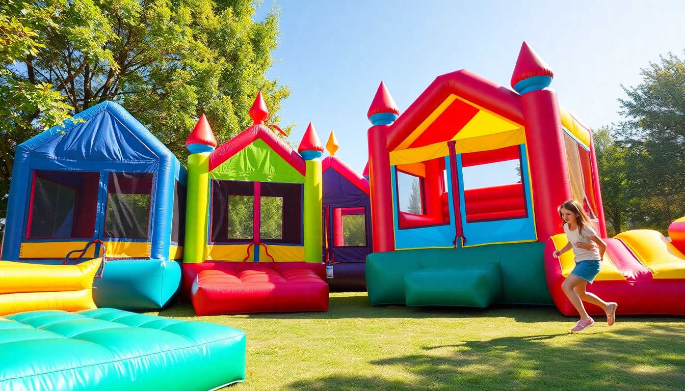 Bounce Houses for Rent Near Me, vibrant inflatable play structures delighting children outdoors.