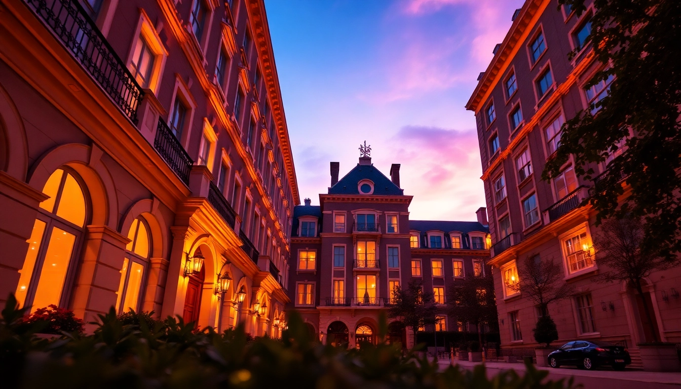 Experience the charm of Bloomsbury Residences with its elegant architecture and inviting sunset glow.
