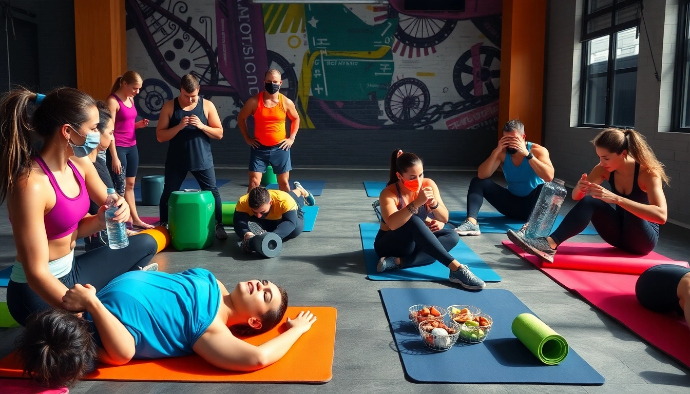Enhance muscle recovery with athletes practicing various recovery techniques in a vibrant gym setting.