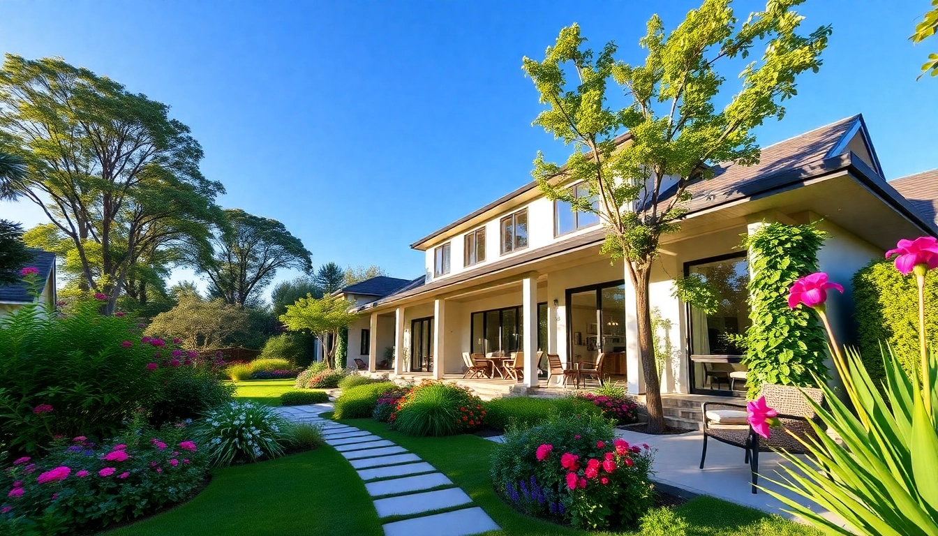 Admire the elegant architecture of Margaret Drive Residence surrounded by flourishing gardens and bright outdoor seating.