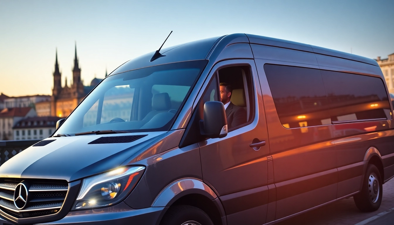 Book a professional driver hire Prague to enhance your travel experience in a luxury van against historic architecture.