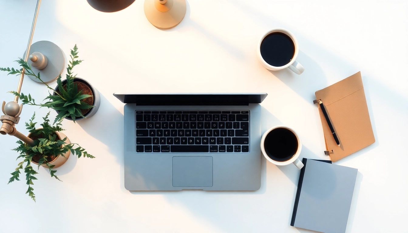 View a stylish workspace where you can easily 1click here to achieve productivity with a laptop and coffee.