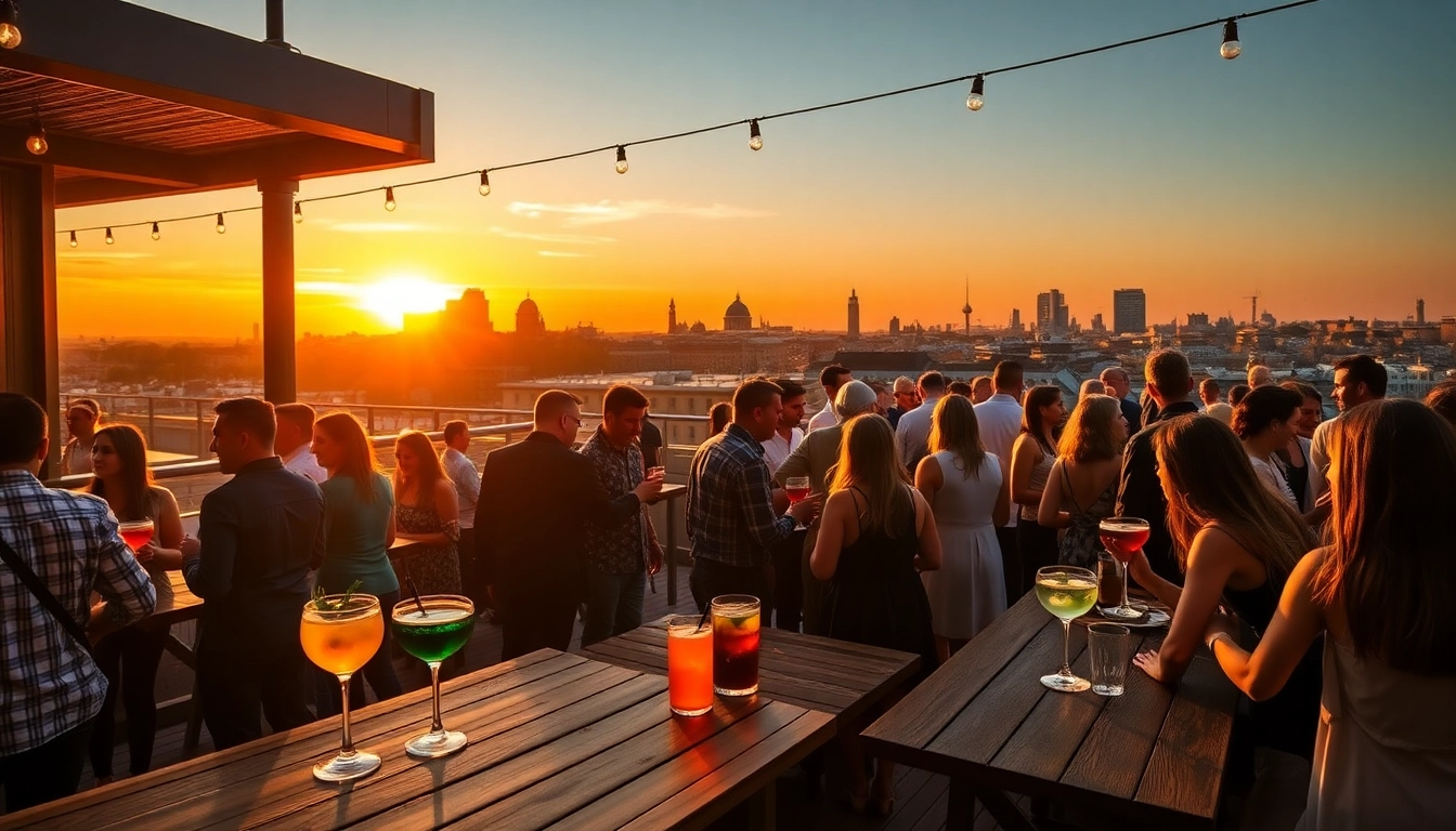 Attendees enjoying an afterwork party in Berlin, with vibrant cocktails and a stunning skyline backdrop.