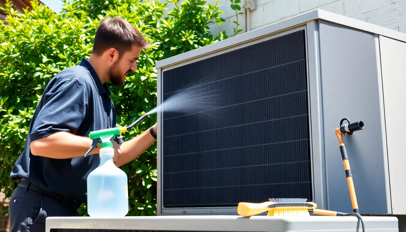 Learn how to clean ac condenser effectively with a technician using spray tools in bright sunlight.