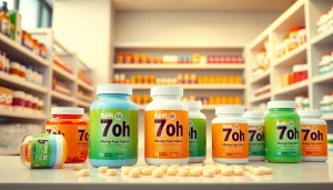 Showcase bulk 7oh tablets displayed prominently in a bright pharmacy setting.