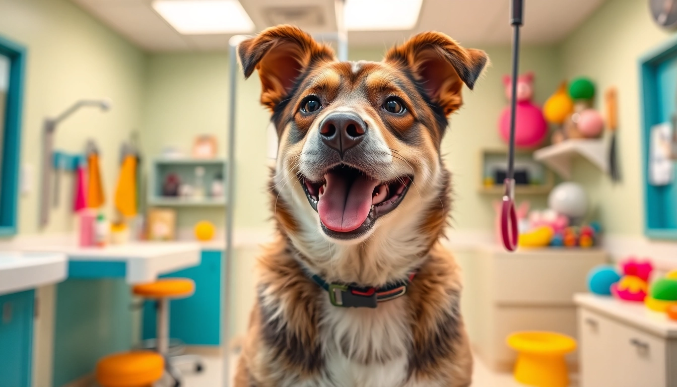 Grooming a happy dog at Kate's K9 Pet Care, featuring bright colors and a cheerful environment.