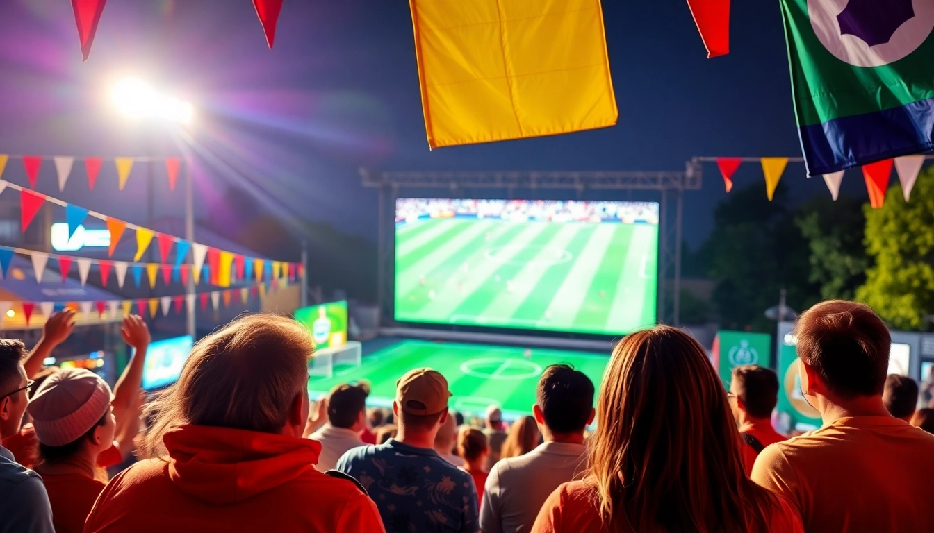 Experience ดูบอลฟรี with fans celebrating a live football match outdoors, showcasing excitement and vibrancy.