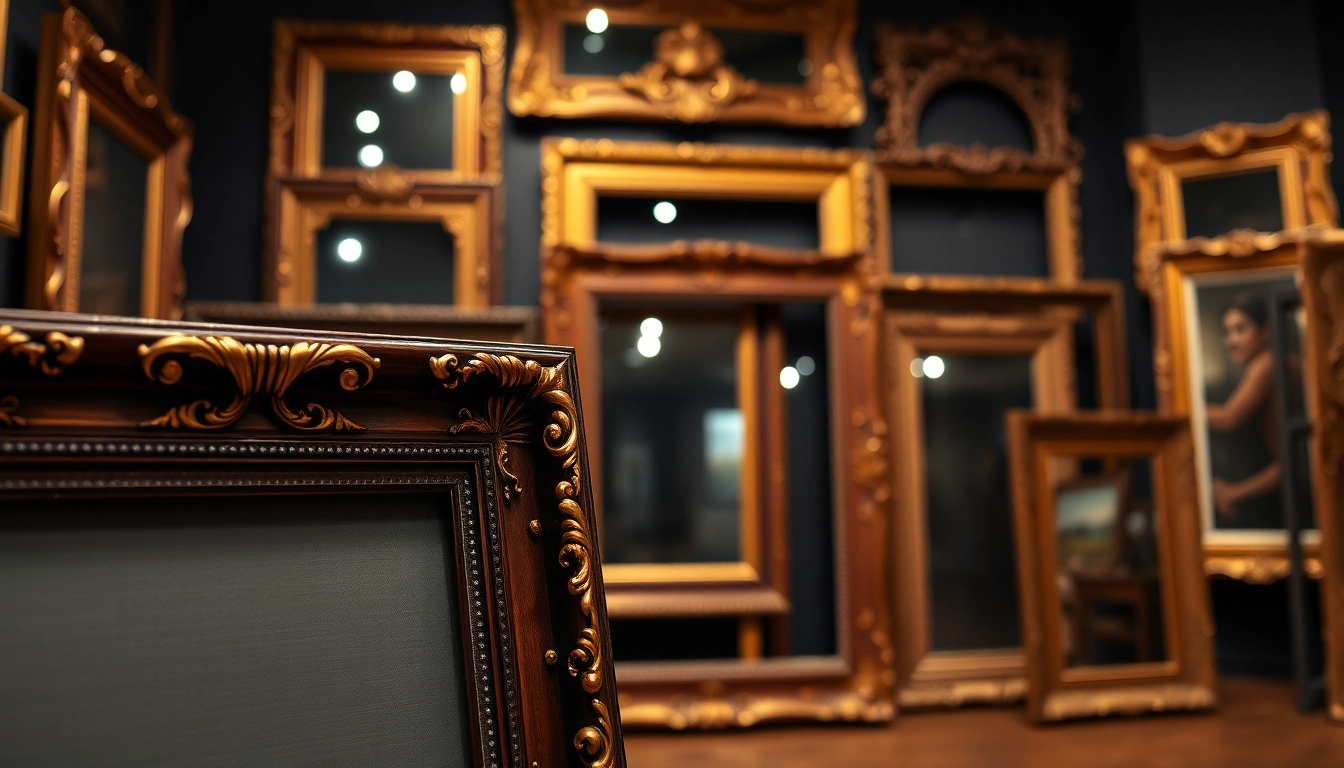 Display ornate picture frames in an elegant gallery setting, showcasing intricate designs and textures.