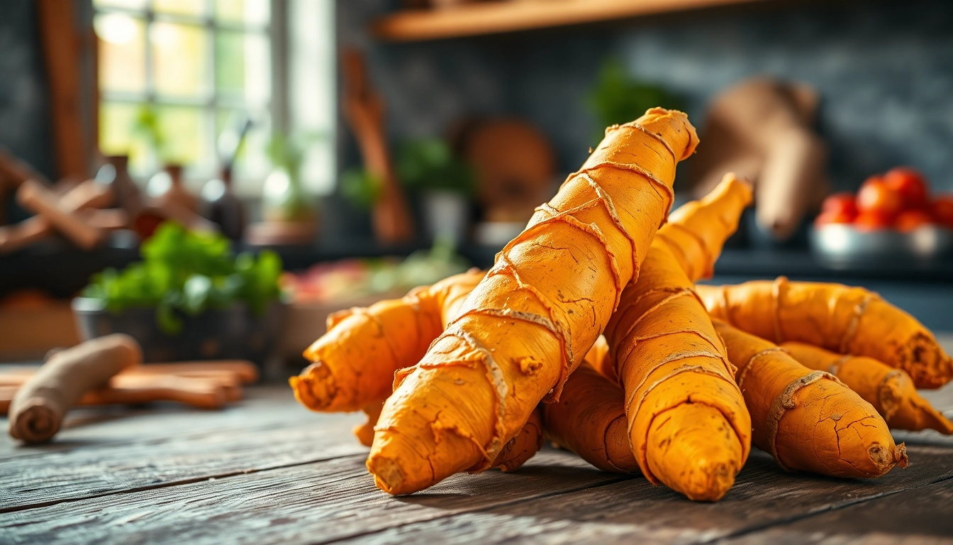 Fresh turmeric root displayed prominently on a rustic wooden table, highlighting its vibrant orange color and unique texture.