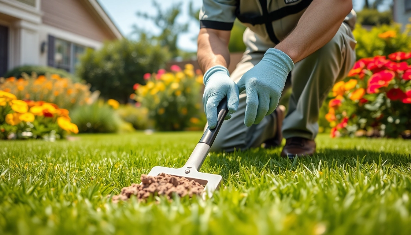 Dog poop cleaning service technician scooping waste in a clean suburban yard.