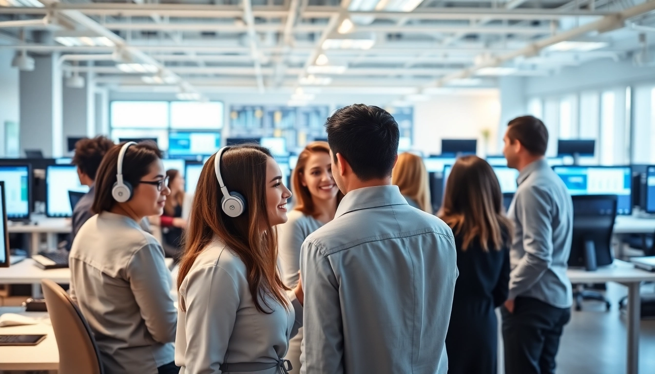 Call Center Solutions showcasing a team of agents engaged in effective communication and collaboration.