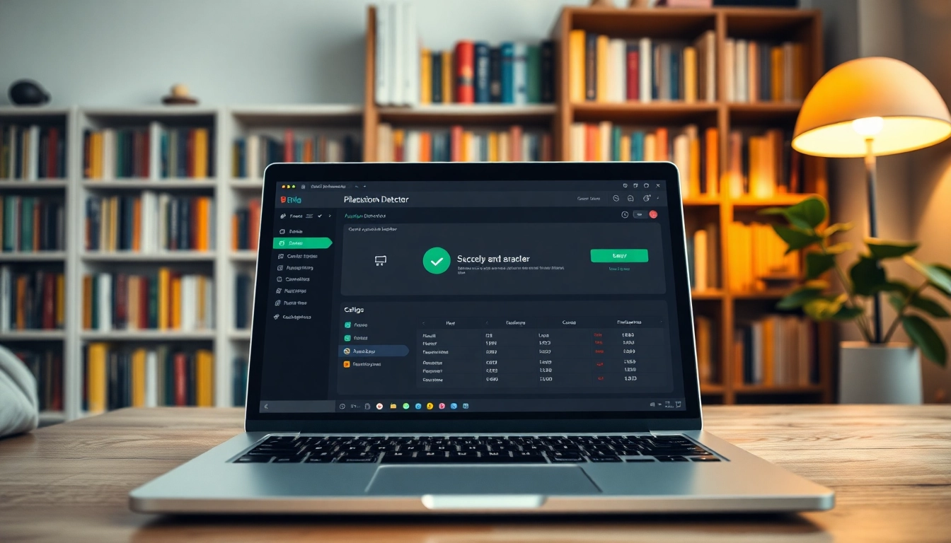 Showcasing a professional plagiarism detector interface on a laptop in a cozy study setting.