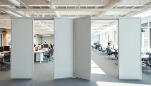 Showcasing a Folding Partition Wall in a modern office space to illustrate flexible room division.