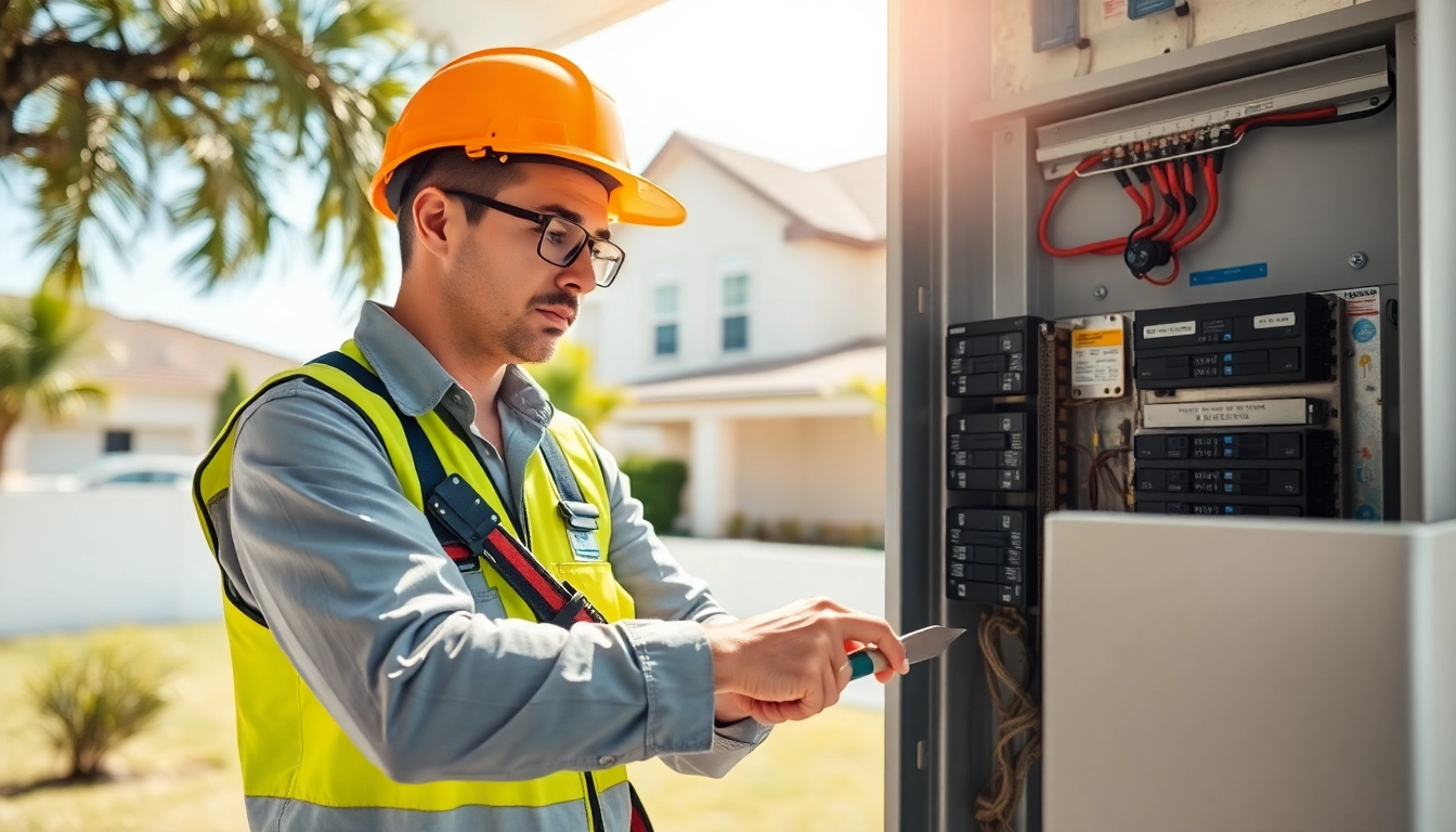 Electrician performing panel upgrade Electrical Panel Clearwater with safety gear in a residential setting.