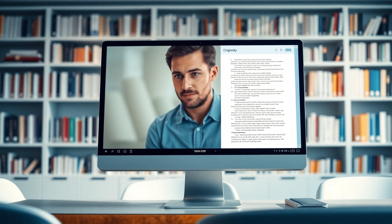 Analyze your work easily with our plagiarism detector on a sleek computer interface in a modern office.