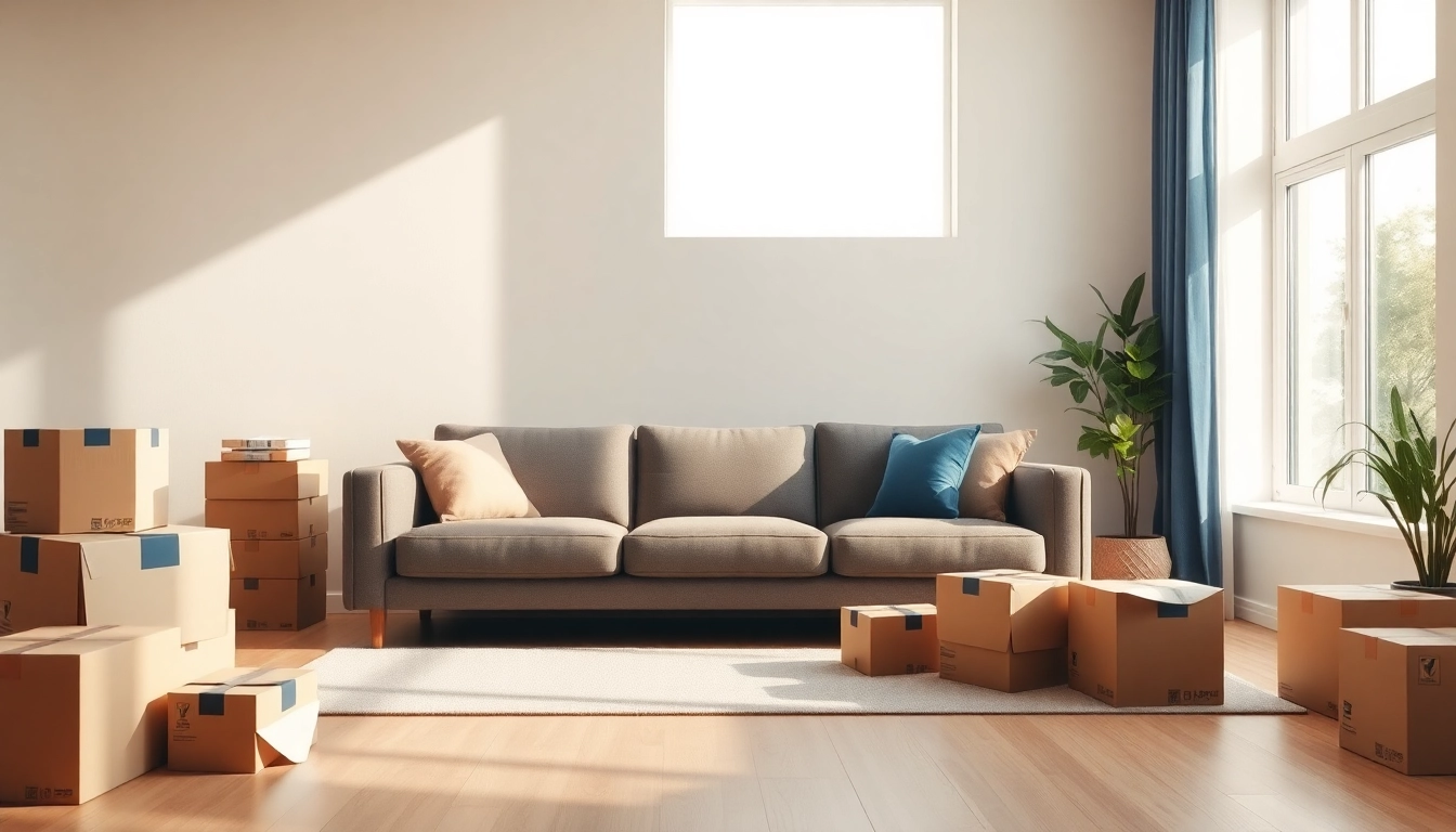Organizing House moves with packed boxes and a cozy living room setting.