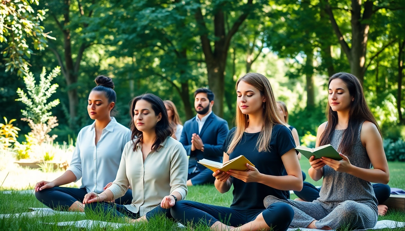 Individuals practicing mindfulness techniques for dealing with stress in a peaceful outdoor setting.