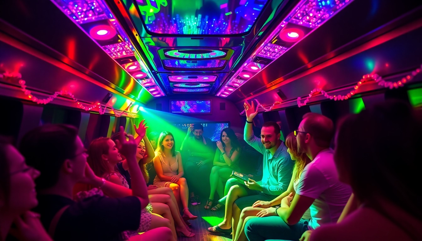 Experience the excitement of an Atlanta party bus with vibrant lights and joyful passengers having fun.