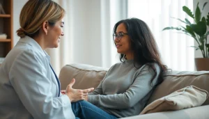 Therapist helping a client in dealing with stress through conversation and supportive environment.