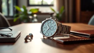 Elegante Herren Armbanduhr, stilvoll präsentiert auf einem modernen Tisch mit Accessoires.