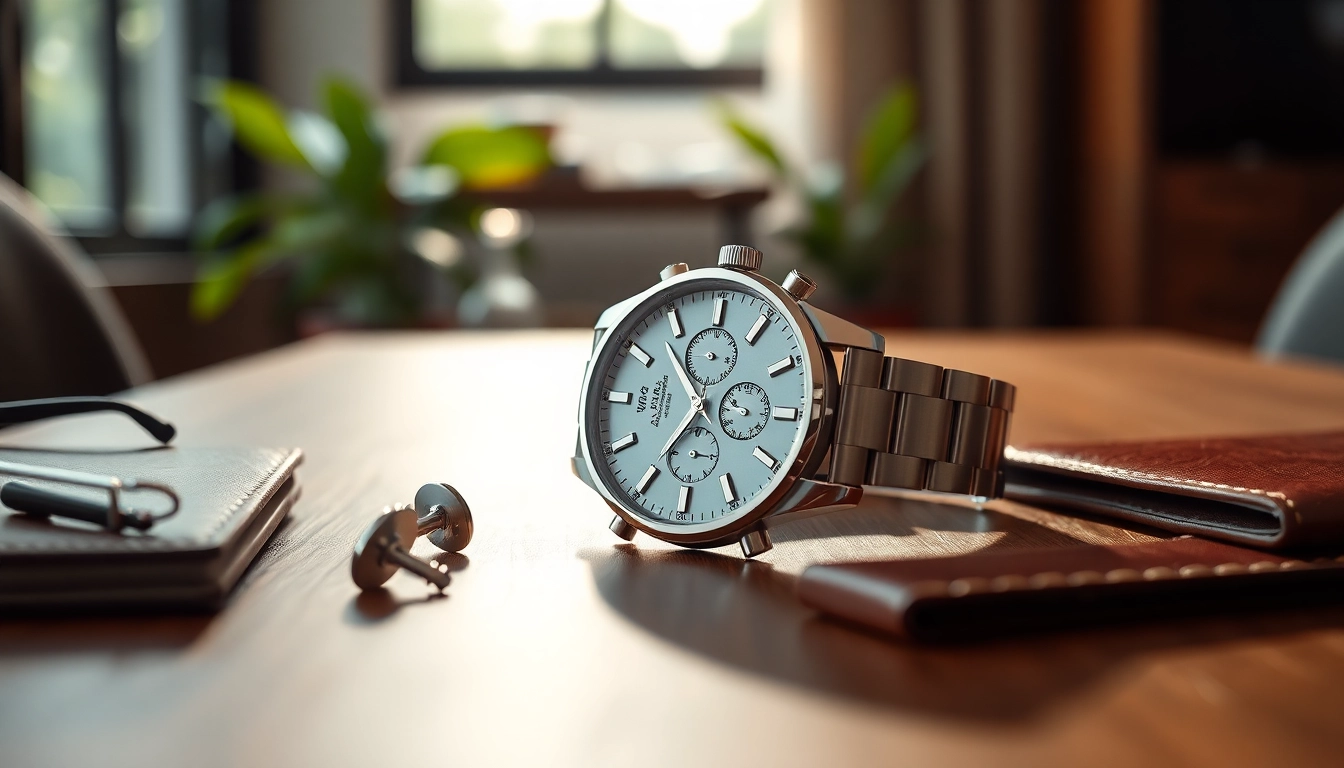 Elegante Herren Armbanduhr, stilvoll präsentiert auf einem modernen Tisch mit Accessoires.