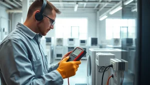 Performing Pat testing Cannock with a technician using a multimeter in a professional workspace.