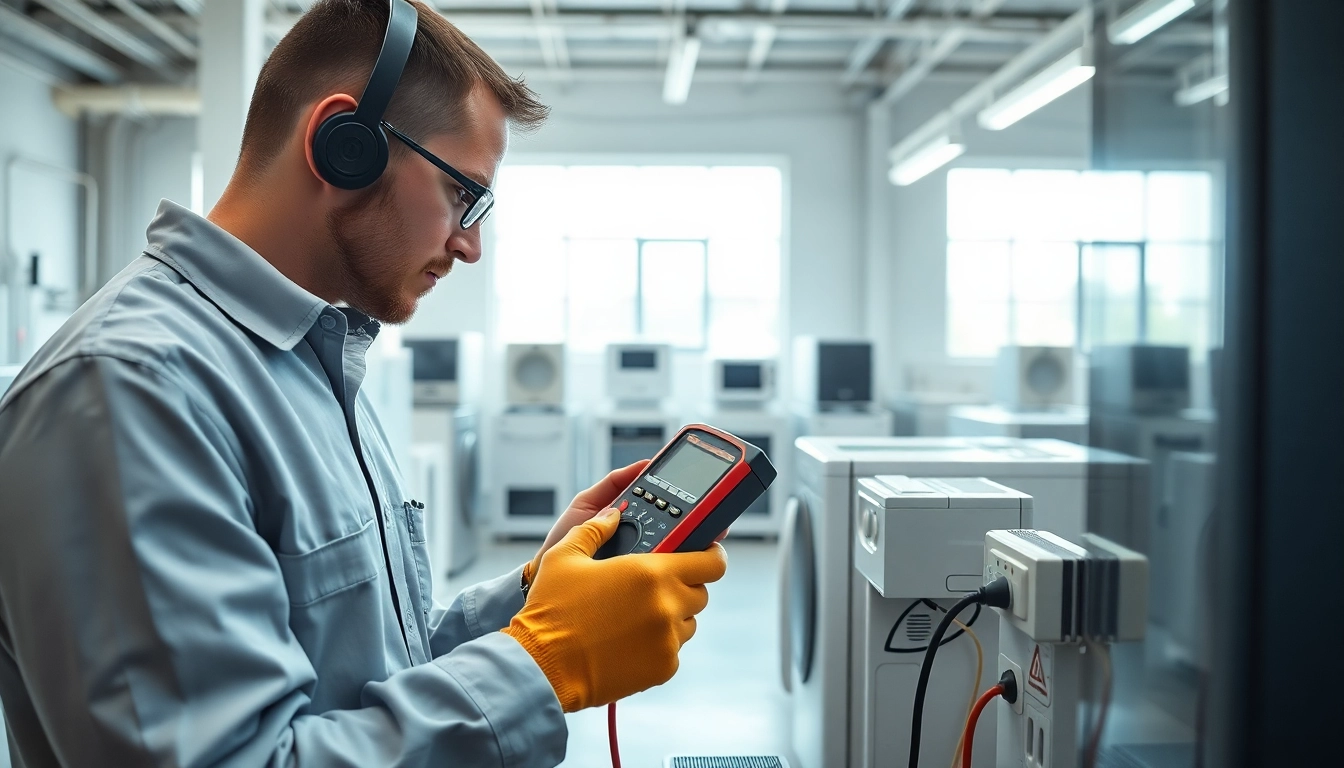 Performing Pat testing Cannock with a technician using a multimeter in a professional workspace.
