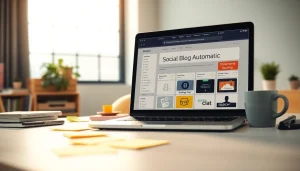 Visualize social media and blog automation tools on a professional workspace laptop.