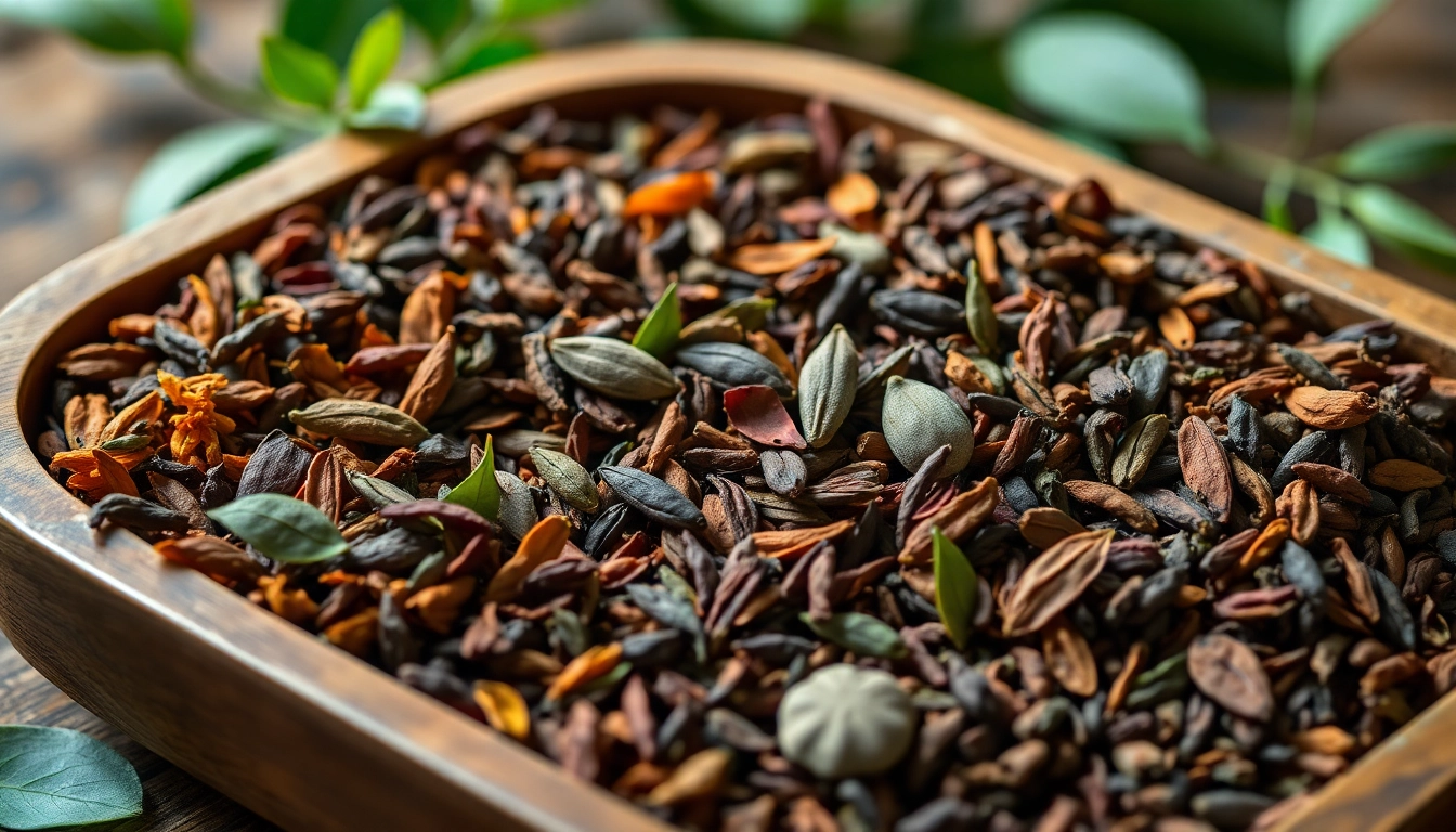 Single origin tea selection displayed in a rustic wooden tray, showcasing vibrant colors and textures.