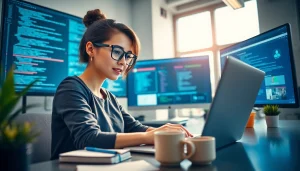 Engaging scene of web development at work, highlighting a developer coding in a modern office.