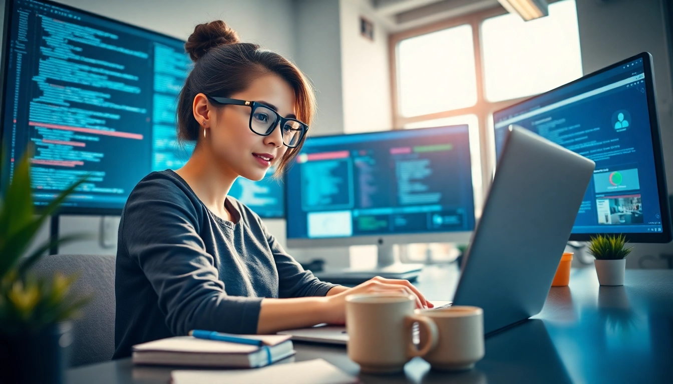 Engaging scene of web development at work, highlighting a developer coding in a modern office.
