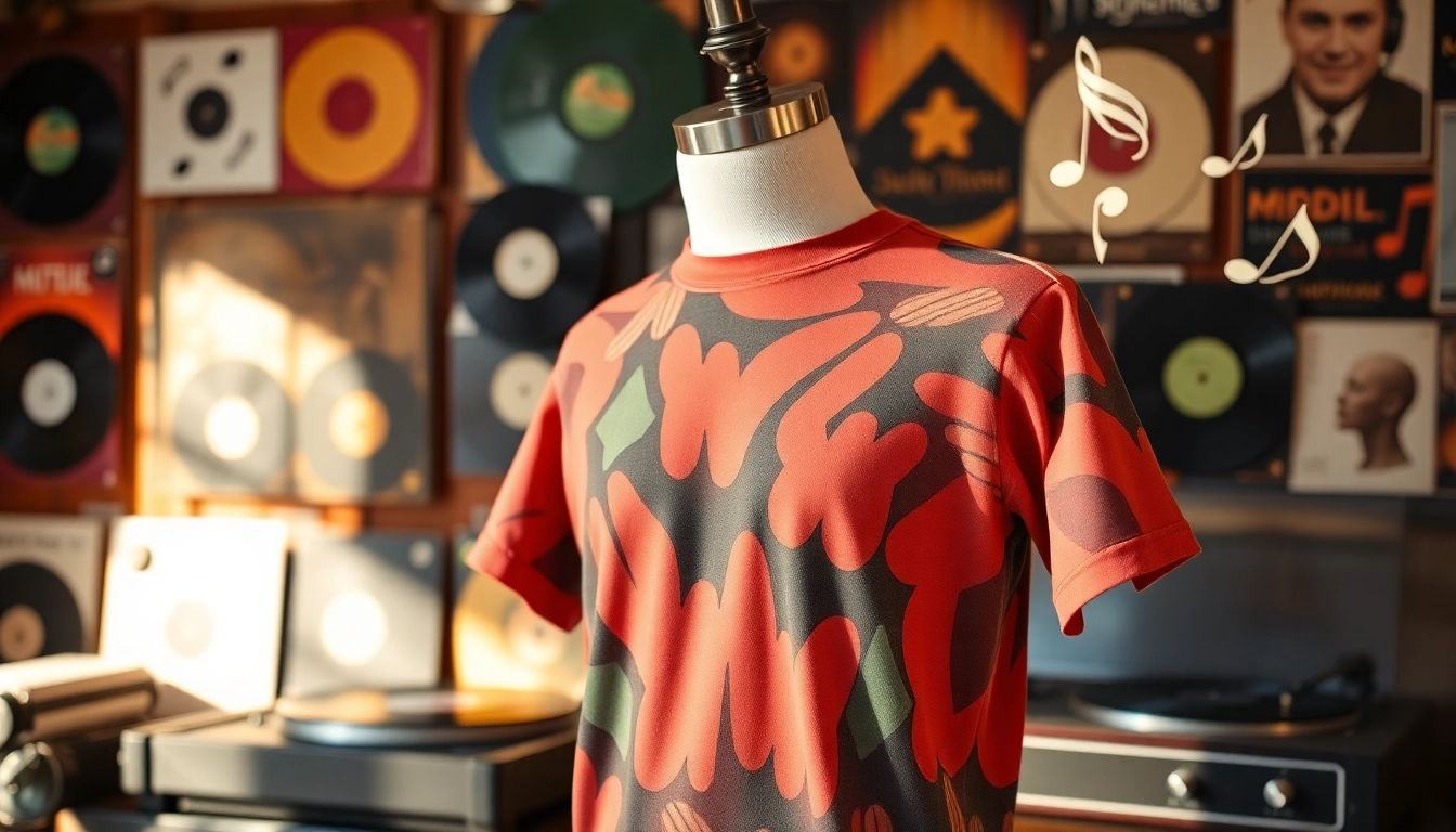 Stylish turntable shirt showcased with vinyl records, reflecting music culture and creativity.
