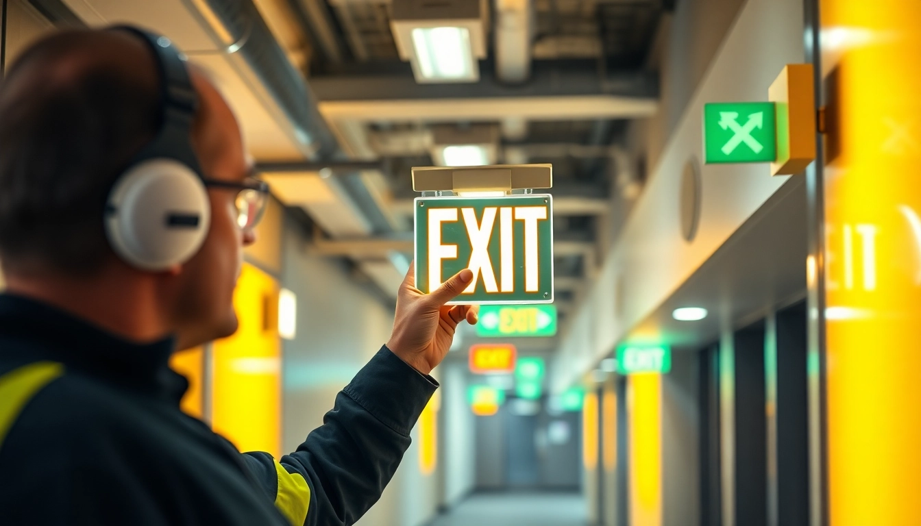 Performing Emergency Light Testing in a commercial space, showcasing illuminated exit signs and technician.