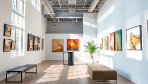 Visitors admiring artworks at the in lieu gallery with bright natural lighting.