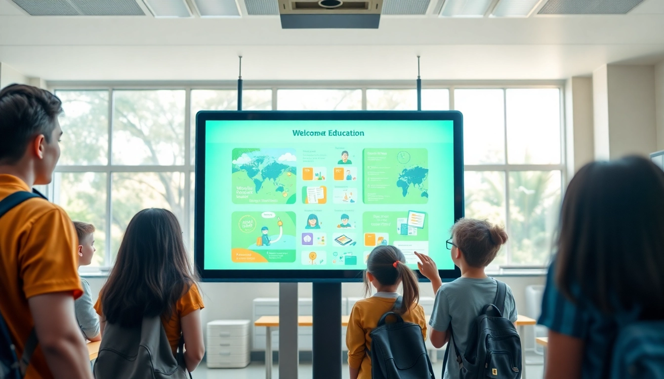Students interactively learning through digital signage for schools in a bright classroom setting.