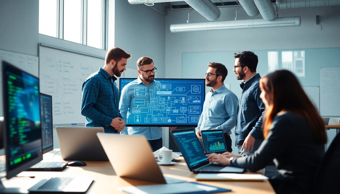 Site reliability engineering experts collaborating on a complex project in a modern office.