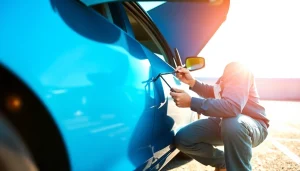 Mechanic unlocking a car with keys locked in car using a slim jim tool.