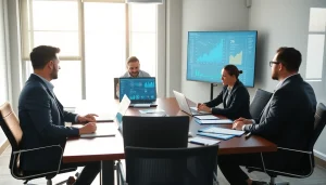 Data analysts collaborating on AI for competitive intelligence strategies around a conference table.
