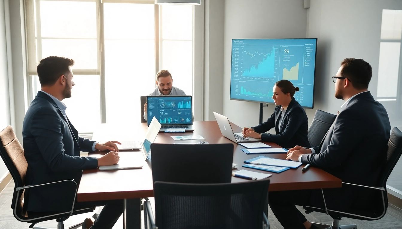 Data analysts collaborating on AI for competitive intelligence strategies around a conference table.