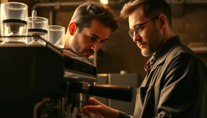 Cimbali service technique demonstrated by a skilled technician fixing an espresso machine.