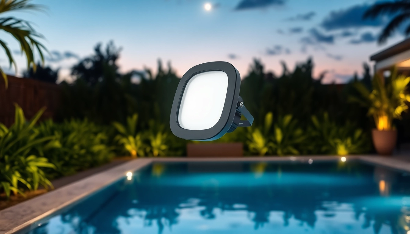 Illuminate with LED Waterproof light showcasing its sleek design and serene poolside ambiance.