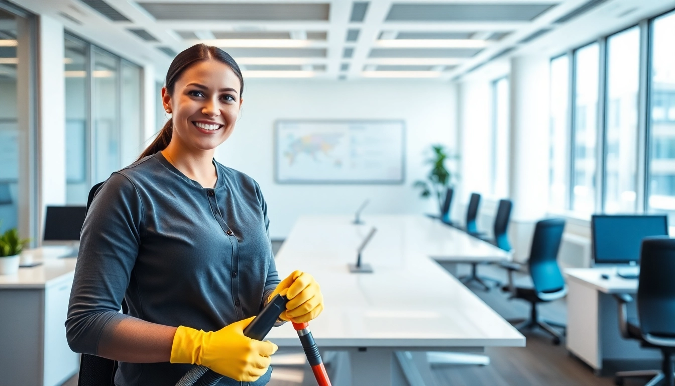 Efficient office cleaning services Melbourne showcased with a cheerful cleaner in a bright, sparkling office environment.
